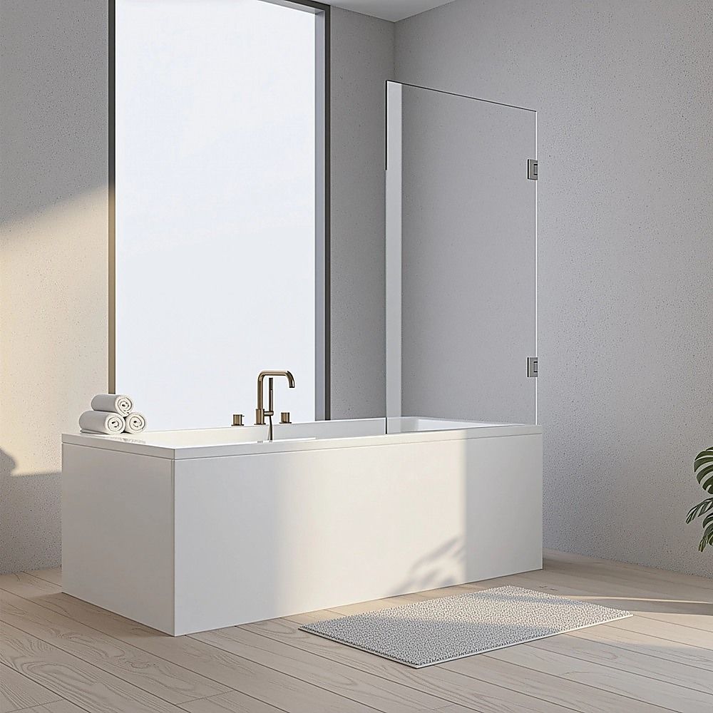 70cm Frameless Swing Bath Screen – White Hardware with Stainless steel hinge for Modern Bathrooms
