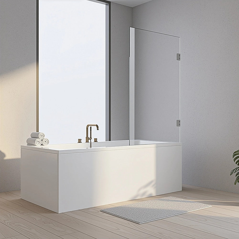 90cm Frameless Swing Bath Screen – White Hardware with Stainless steel hinge for Modern Bathrooms