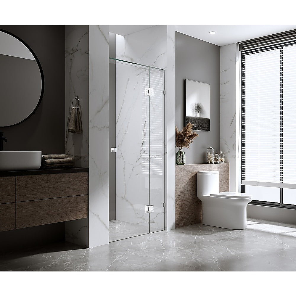 90cm Wall to Wall Frameless Shower Screen with Gunmetal Brackets and Brass Hinges, Square Knob Handle