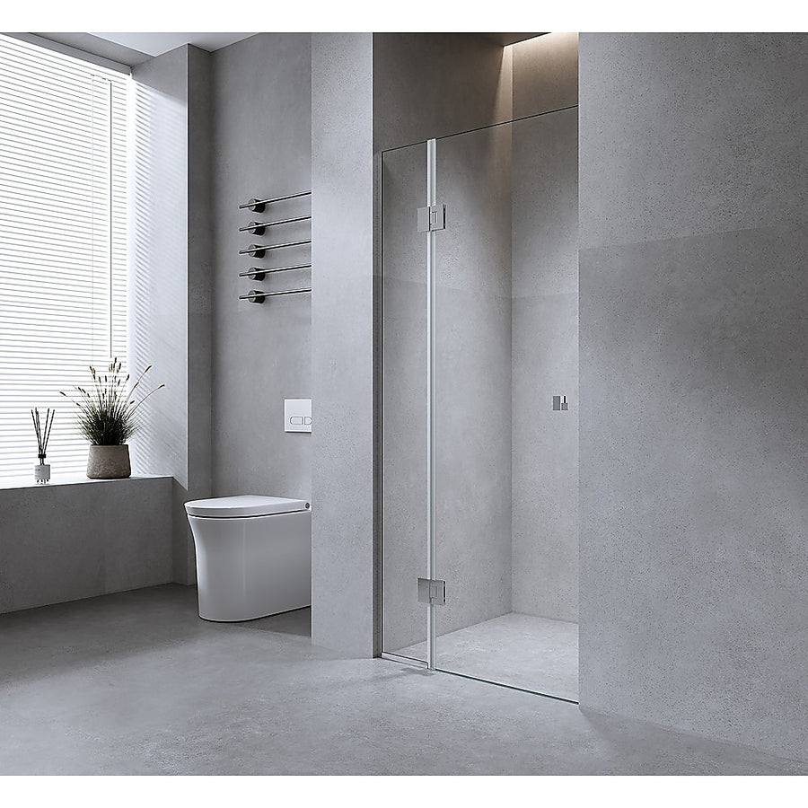110cm Wall to Wall Frameless Shower Screen with Gunmetal Channel and Brass Hinges , Square Double Pull Handle