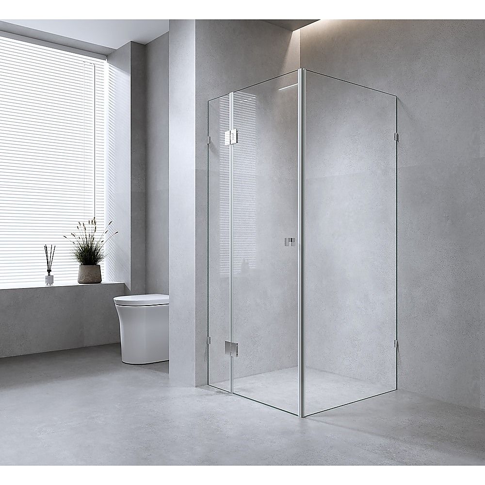 120x70cm Corner Frameless Shower Screen with Black F-Brackets and Brass Hinges, Round Knob Handle