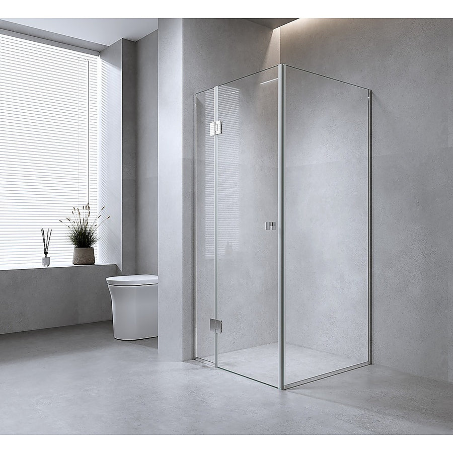 110x110cm Corner Frameless Shower Screen with Chrome Channel and SS Hinges, Square Double Pull Handle