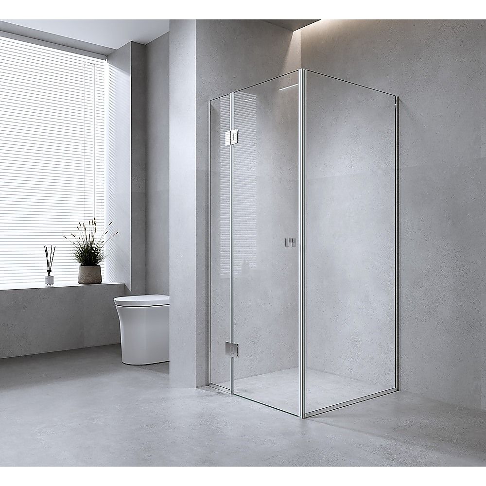 90x90cm Corner Frameless Shower Screen – Black Wall Channel and Floor Channel with Brass Hinges & Round Knob Handle