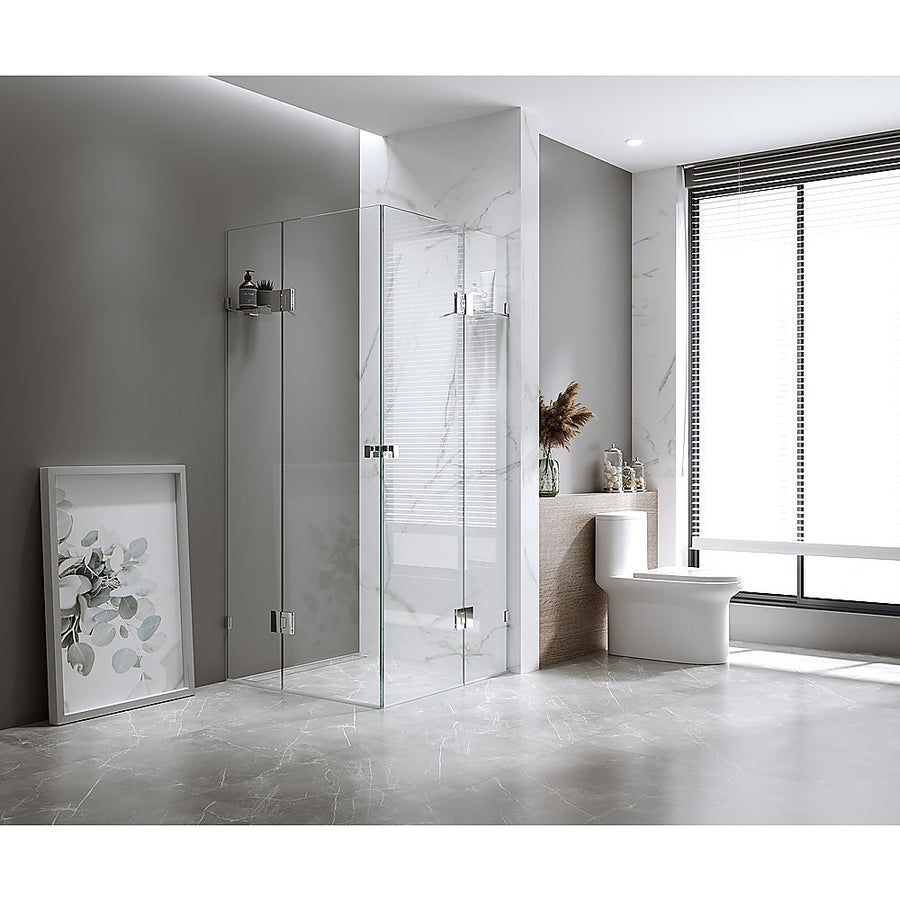 110x120cm Double Door Corner Shower Screen with Black Brackets and Brass Hinges, Square knob Handle