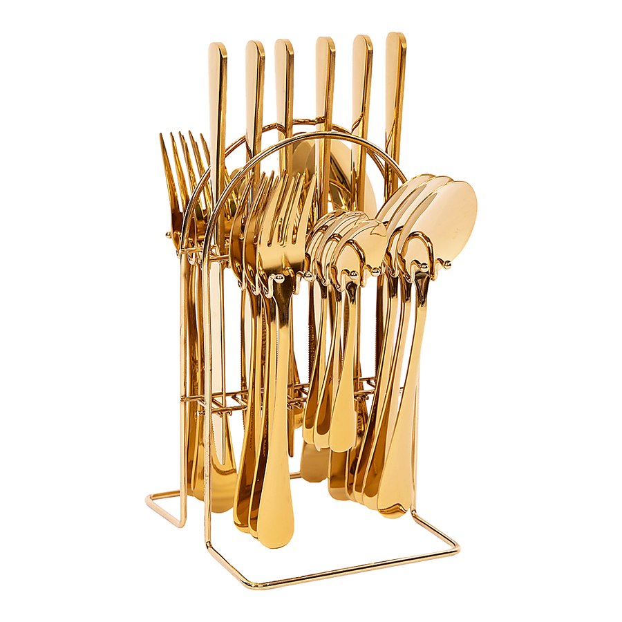 Tableware 24PC Gold Cutlery Set SS304 Household Knife Fork Spoon Kitchen with Storage Rack Dinner Service