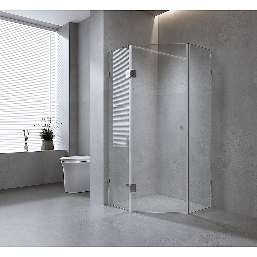 90cm Frameless Diamond Shower Screen with Black Brackets and Brass Hinges, Square Knob Handle