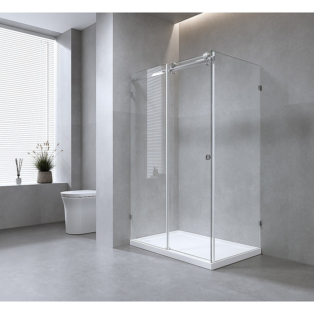 140x90cm Frameless Glass Sliding Corner Shower with Gunmetal Rail and Hardware