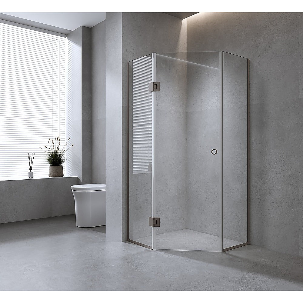 90cm Frameless Diamond Shower Screen with Black Channels and Brass Hinges & Round Handle