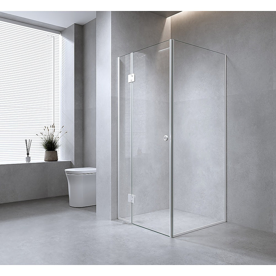 110x80cm Corner Frameless Shower Screen with Black Channel and SS Hinges, Round Handle