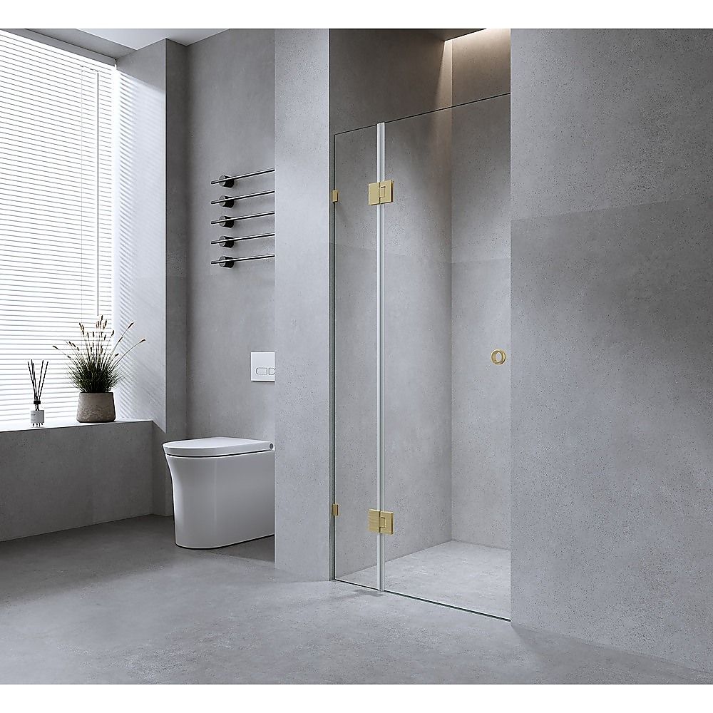 90cm Wall-to-Wall Frameless Shower Screen with White Brackets, SS Hinges & U-Brackets and Floor U-Bracket