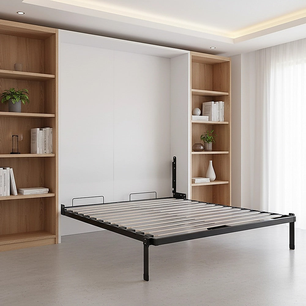 Double Wall Bed in White â€“ Space Saving Murphy Bed Kit with Black Door Handle