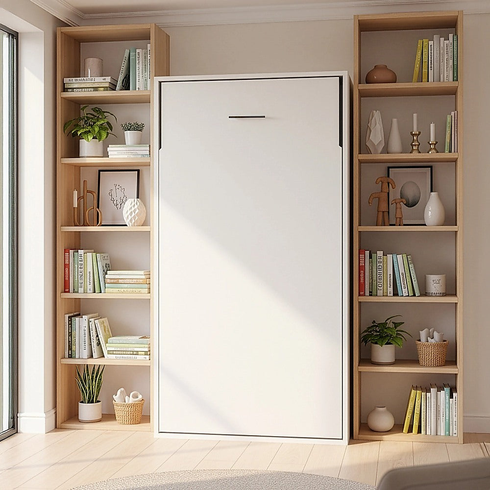 Single Wall Bed in White Gloss â€“ Space Saving Murphy Bed Kit with Silver Door Handle