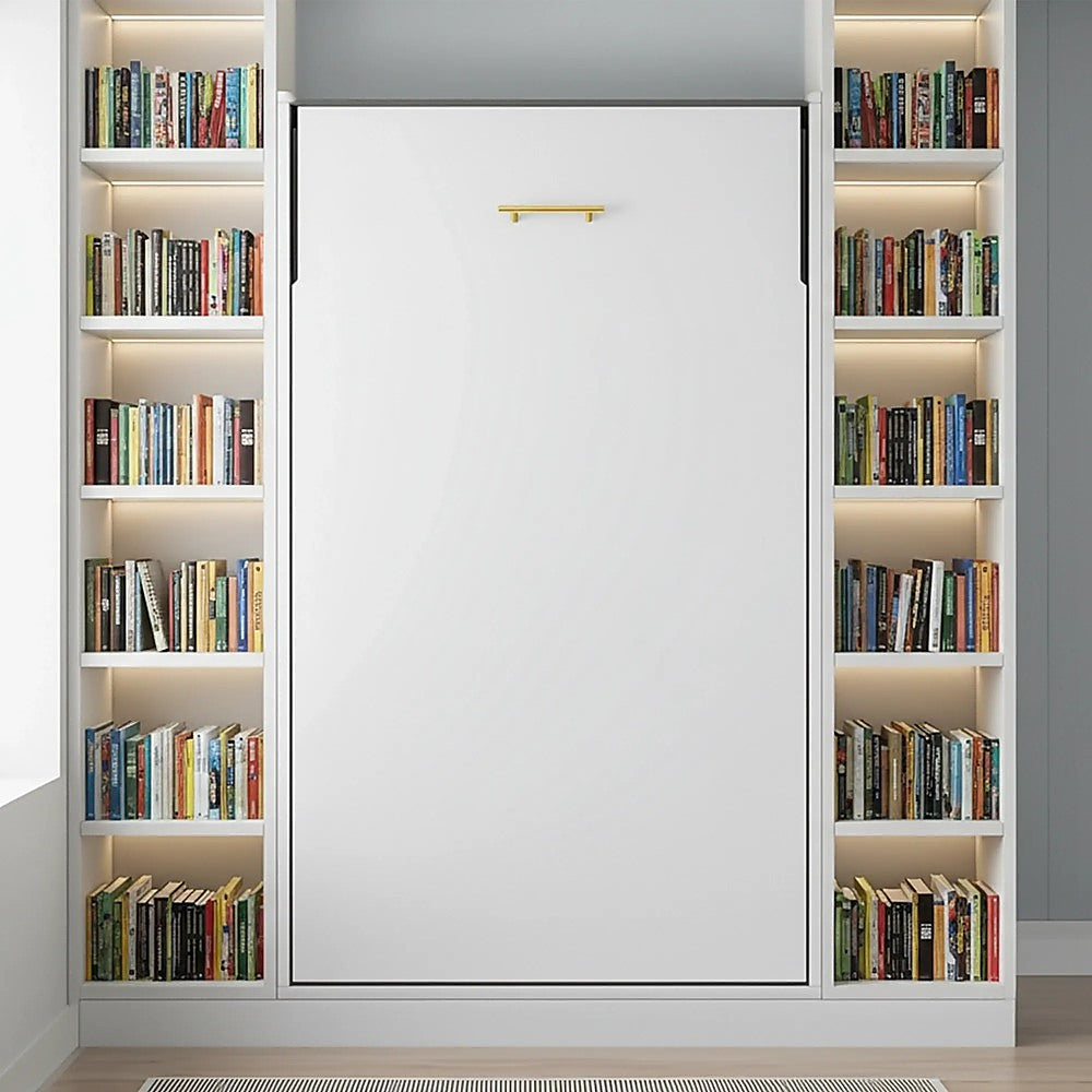 Single Wall Bed in White Gloss â€“ Space Saving Murphy Bed Kit with Gold Door Handle