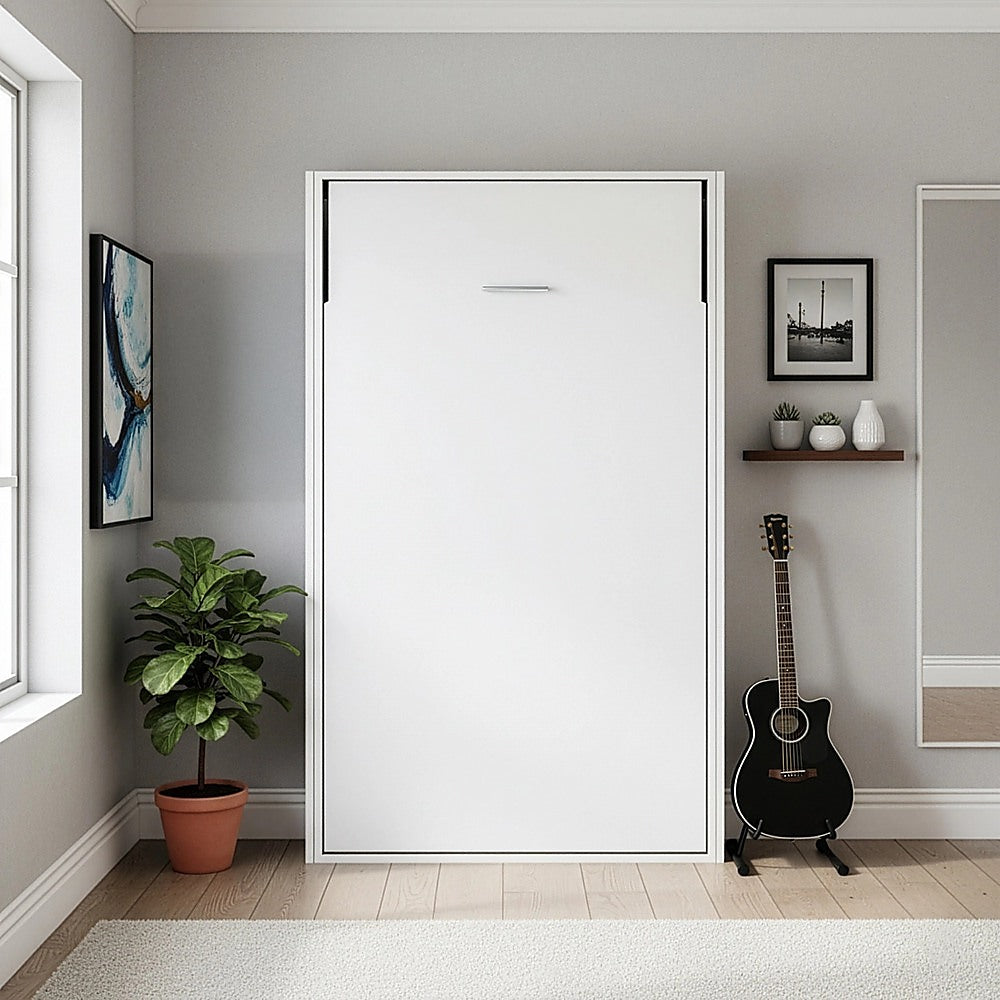 King-single Wall Bed in White Gloss â€“ Space Saving Murphy Bed Kit with Black Door Handle