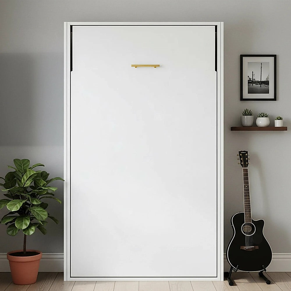 King-single Wall Bed in White Gloss â€“ Space Saving Murphy Bed Kit with Gold Door Handle