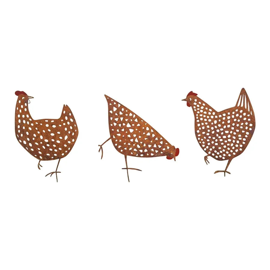 Set 3 Asst Rust Chook Family Garden Stakes 35cm
