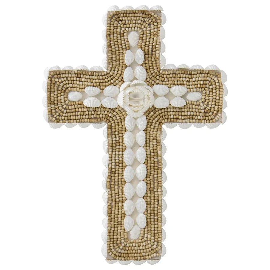 Handcrafted Shell & Narrow Weave Border Wall Hanging Cross 30x3cm