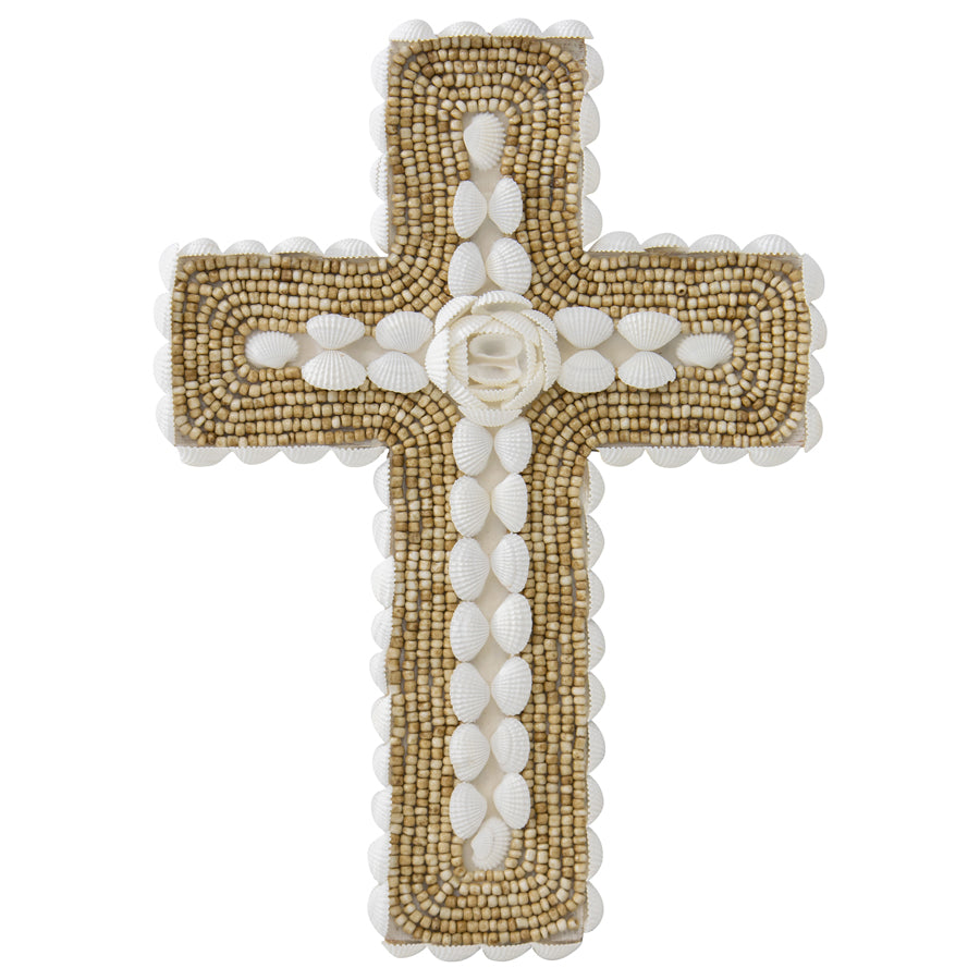 Handcrafted Shell & Narrow Weave Border Wall Hanging Cross 30x3cm