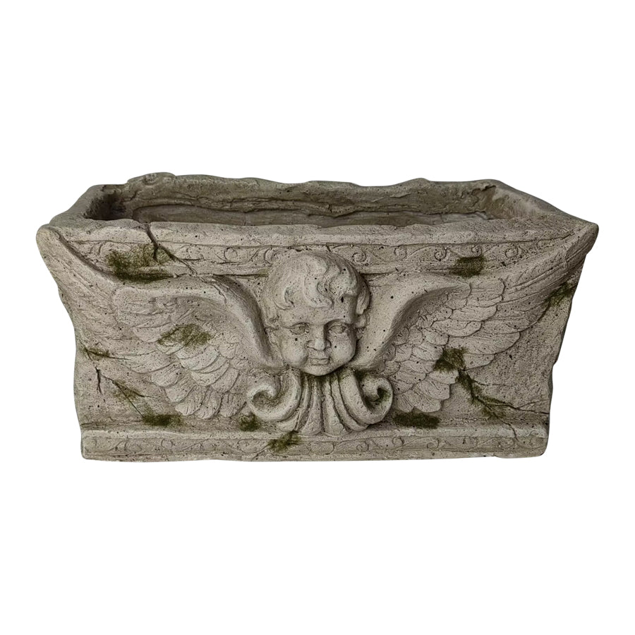 Aged Rectangular Planter w Angel 37cm