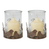 Set 2 Glass Candle holders in Low Rust Base w Birds 10cm