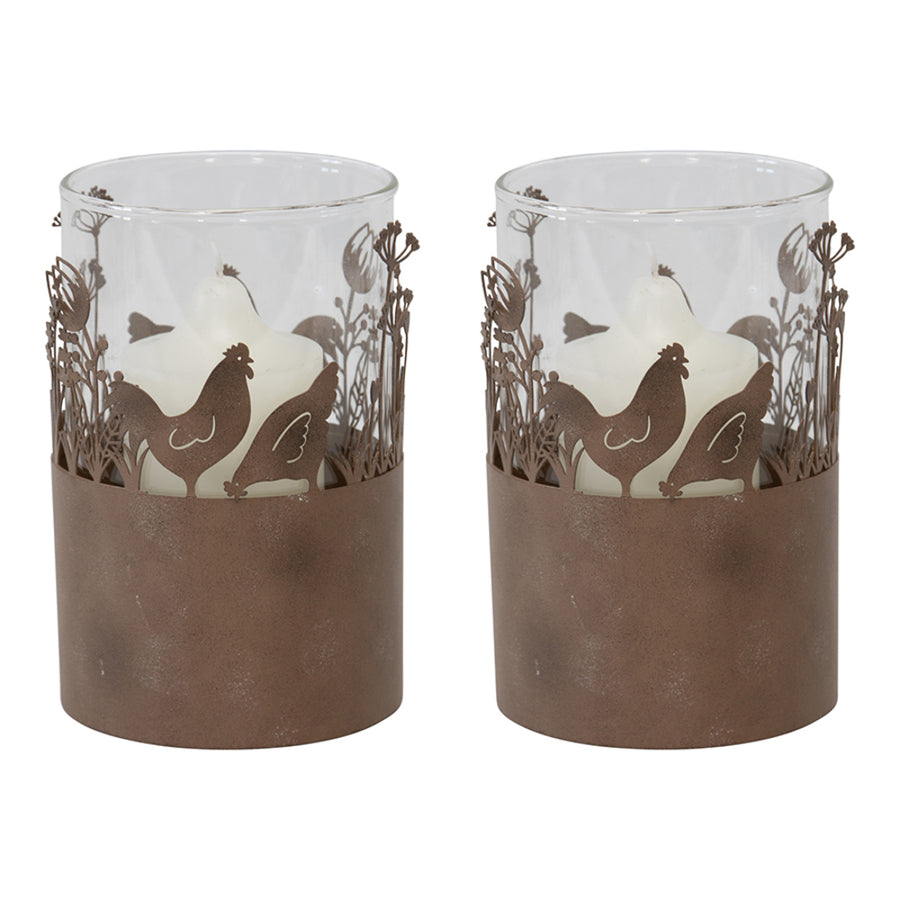 Set 2 Glass Pillar Candle holders in Stilted Rust Base w Chooks 17cm