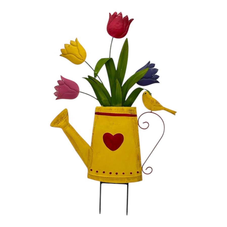 Flowers In Yellow Watering Can Garden Stake 55cm