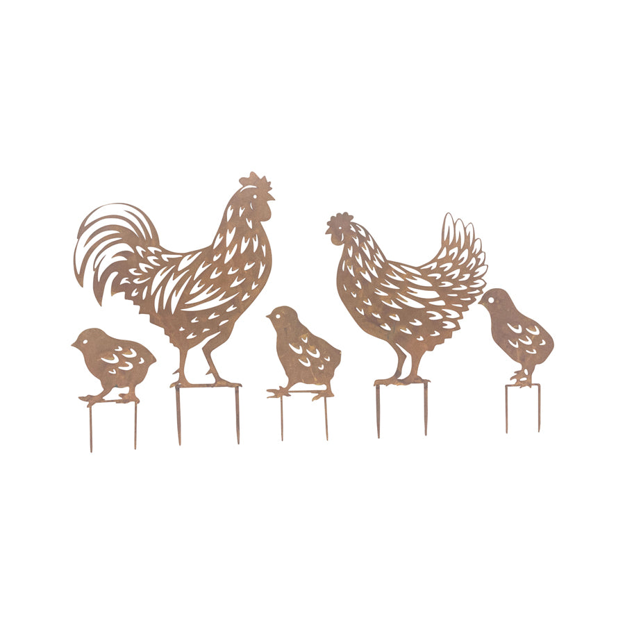 Rust Chook Family of 5 Garden Stakes 48cm