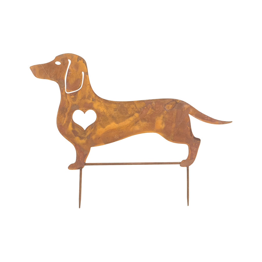 Rust Lasercut Dachshund w Heart Garden Stake 57cm