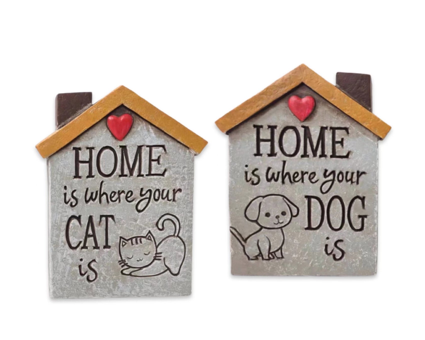 Set 2 Concrete Cat & Dog Homes Signage Assort Garden Statue 15cm