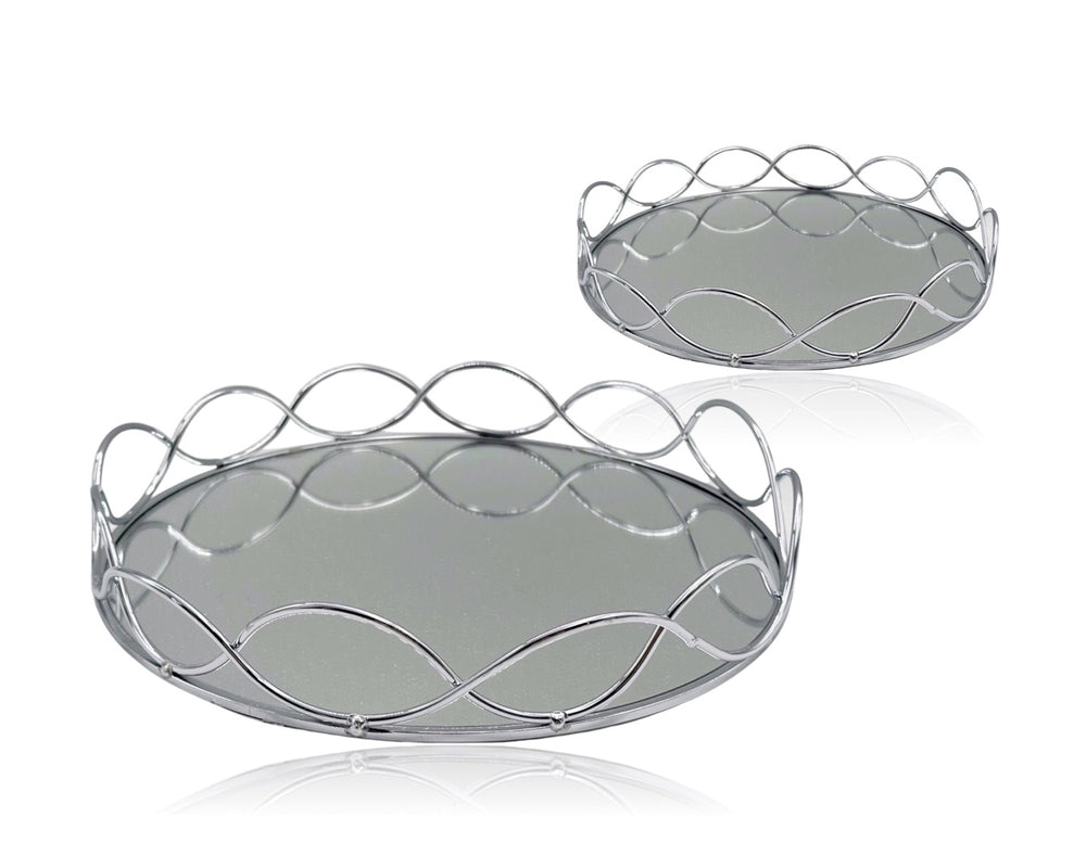Set 2 Round Silver Mirror Tray 30cm