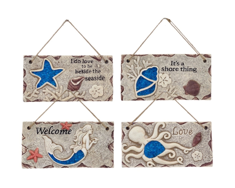 Set 4 Seaside Cement Hanging Plaques Assorted 20cm