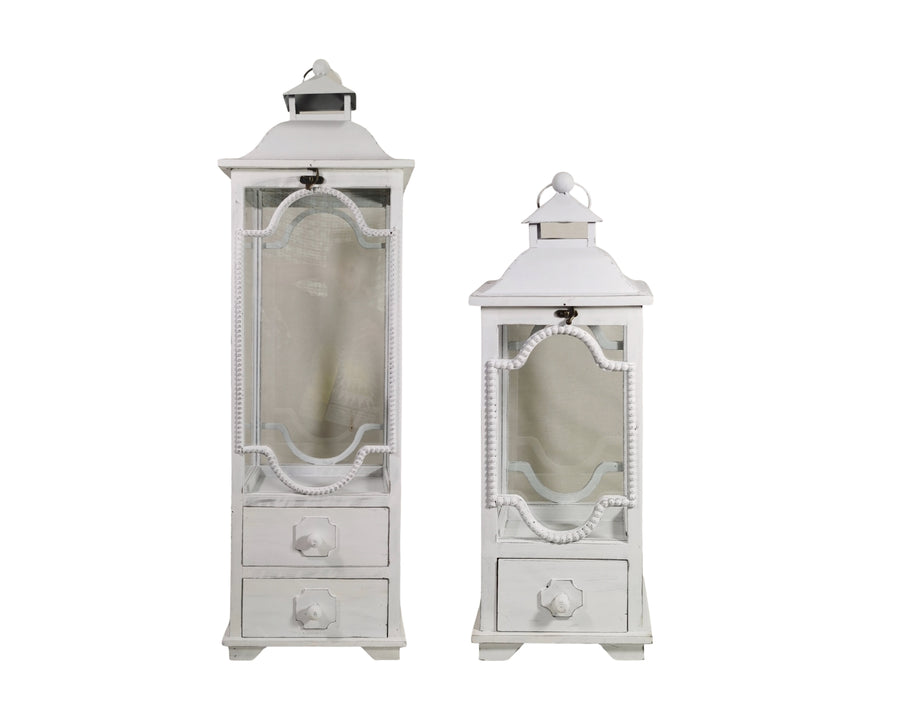 Set 2 Tall White Wooden Lantern w Drawers 104cm