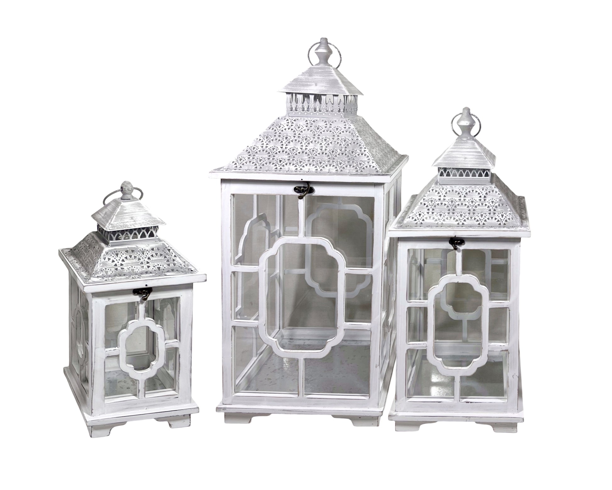 Set 3 Wooden Lantern w Metal Roof 76cm