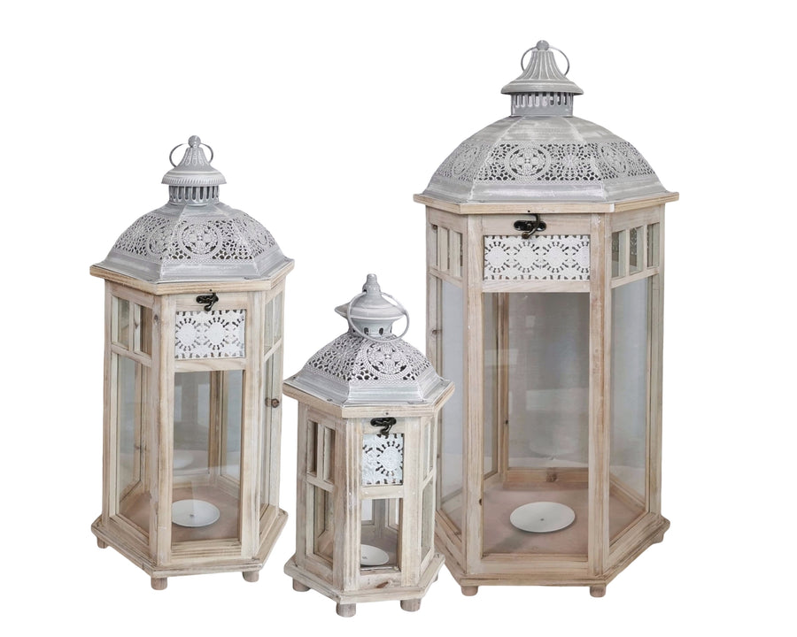 Set 3 Wooden Lantern w White Metal Top 76cm