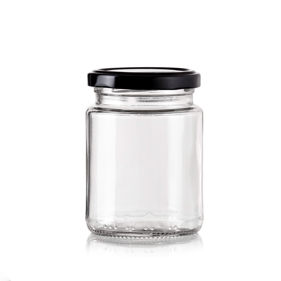 bulk 48 Glass Jar Round w Black Lid 200ml Canister 9cm
