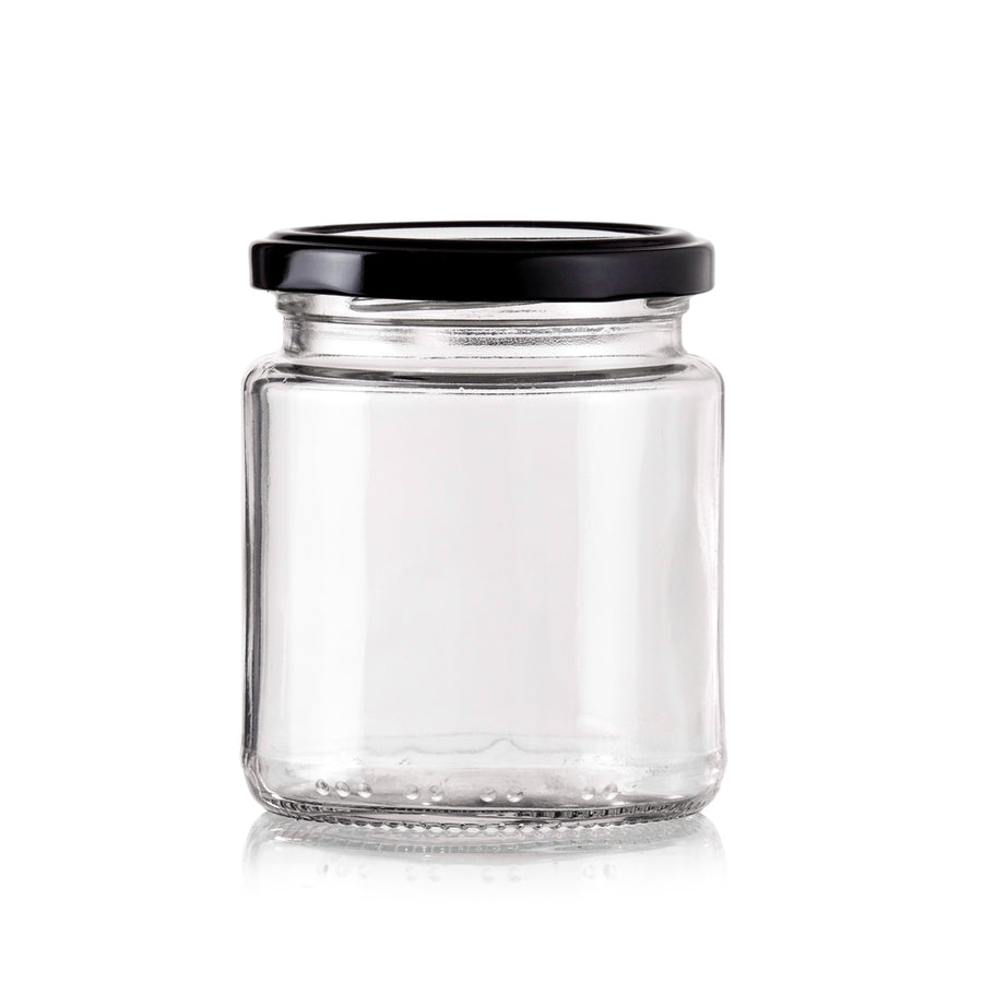 bulk 48 Glass Jar Round w Black Lid 400ml Canister 10cm