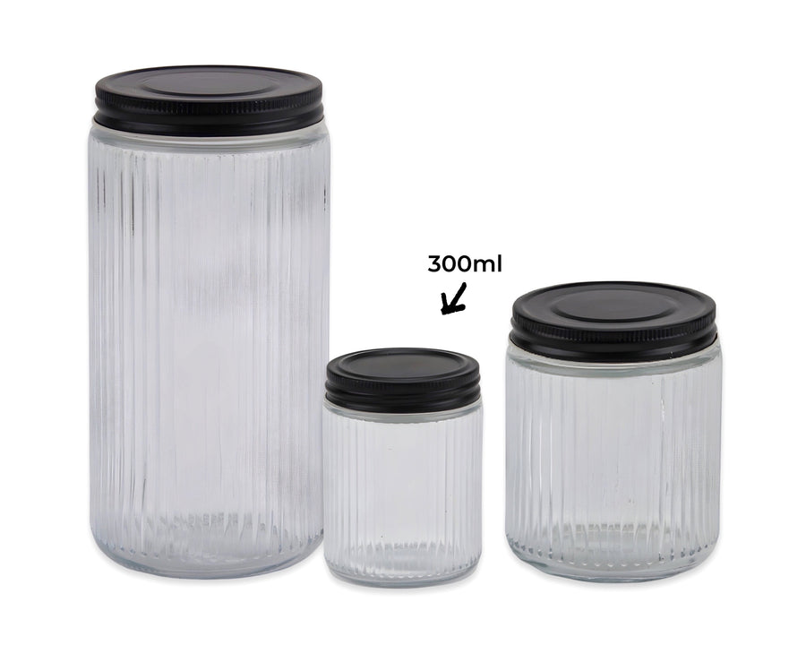 bulk 24 Ribbed Glass Jar With Metal Lid 300ml 7x10cm