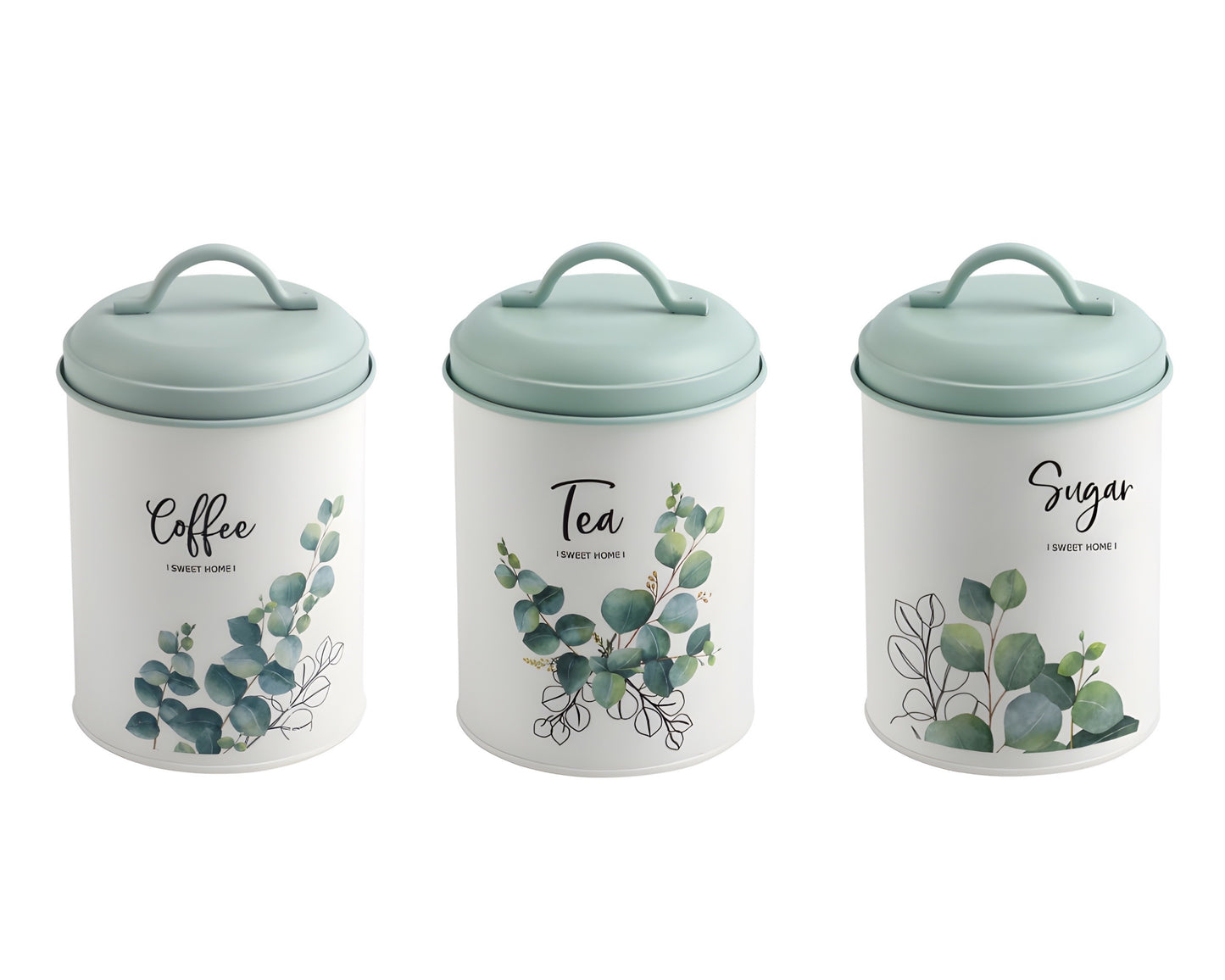 Set 3 Eucalyptus Metal Coffee Tea Sugar Storage Tins 11x18cm