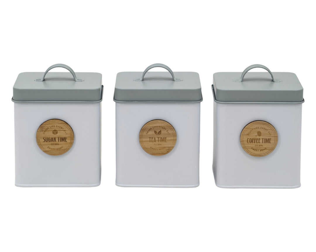 Set 3 Metal Kitchen Storage Tin Sugar Tea Coffee 18cm