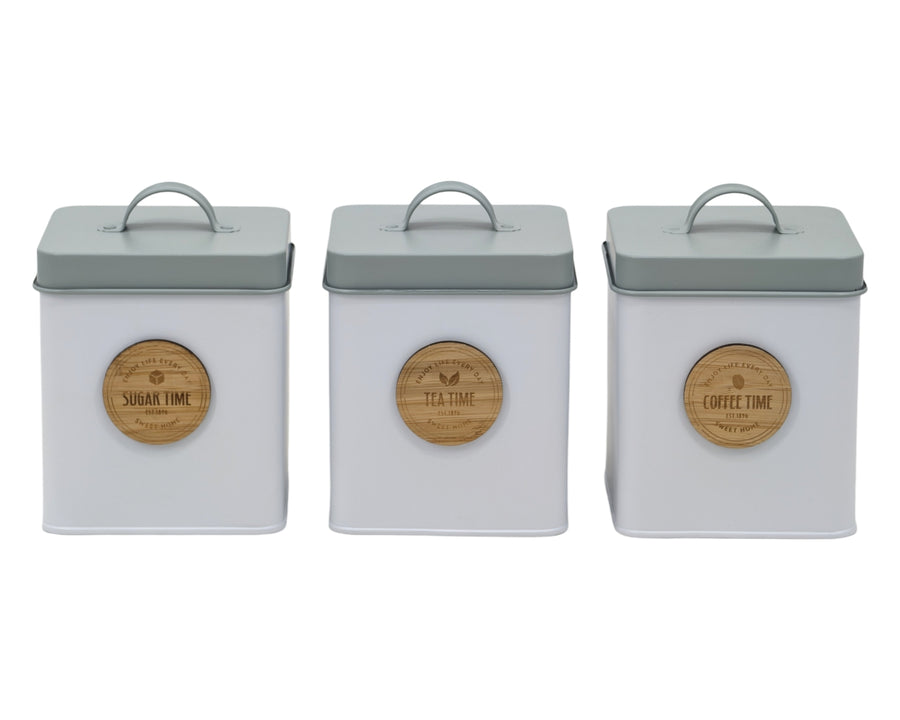 Set 3 Metal Kitchen Storage Tin Sugar Tea Coffee 18cm