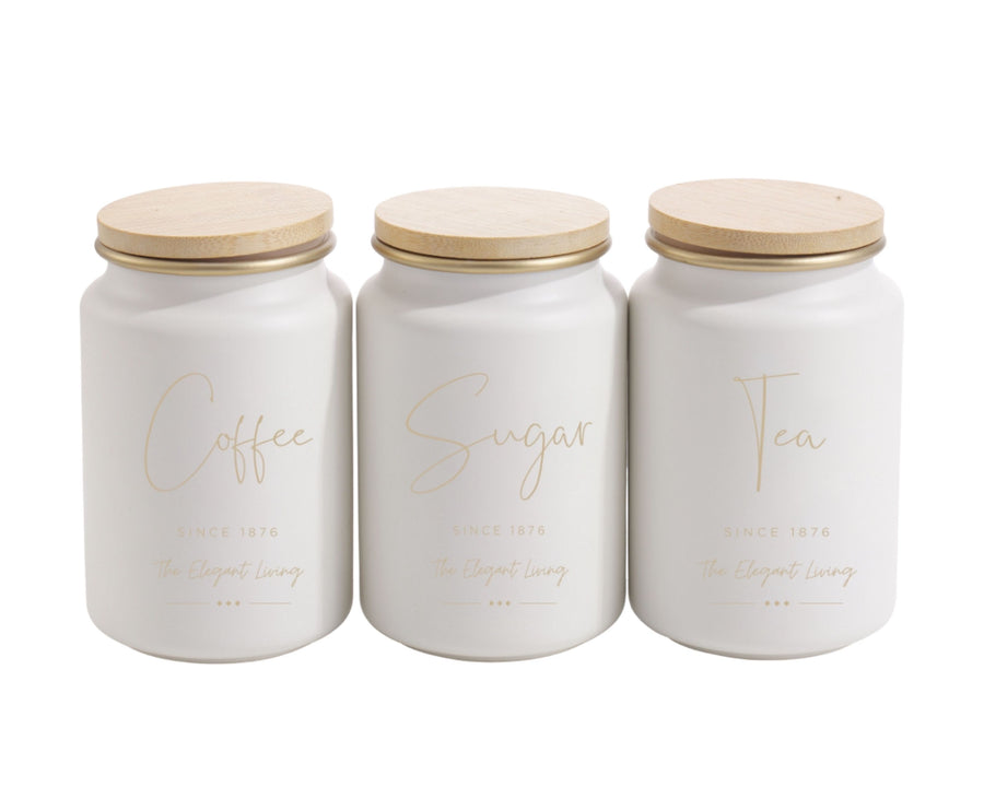 Set 3 Coffee Sugar Tea Canisters W/ Bamboo Lid 15cm
