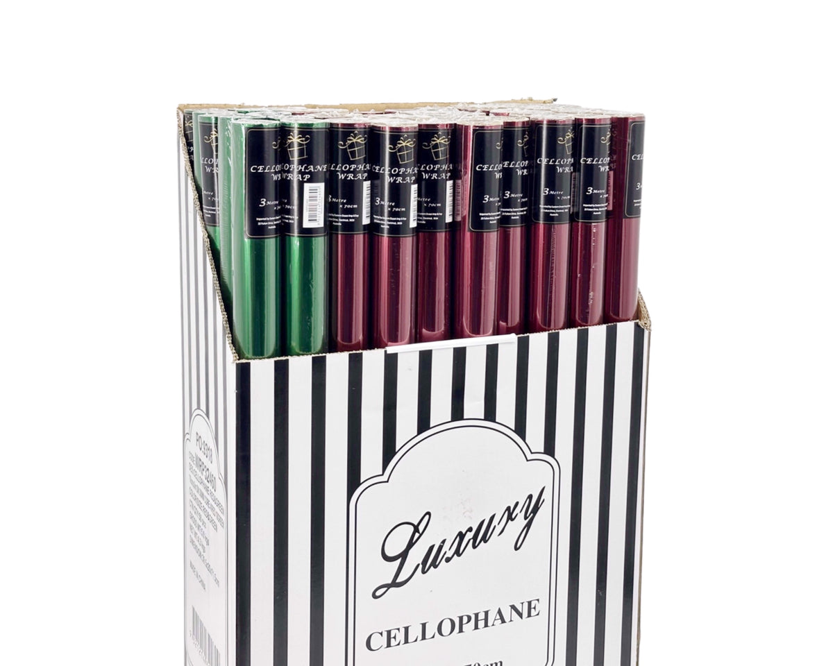 bulk 50 Cellophane Red & Green 70cmx3m on 38mm Core 40 Red 10 Green