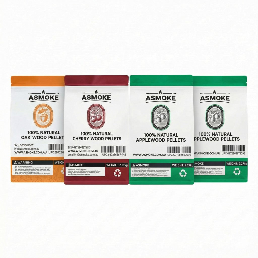 ASMOKE 4-Piece Premium Wood Pellet Variety Pack - Oak, Cherry & 2x Apple (4 x 2.27kg Bags)