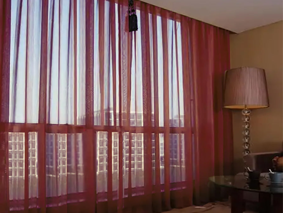 2 Long Drop Sheer Voile Curtains 592cm wide 270cm Drop Pinch Pleat + Hooks Wine