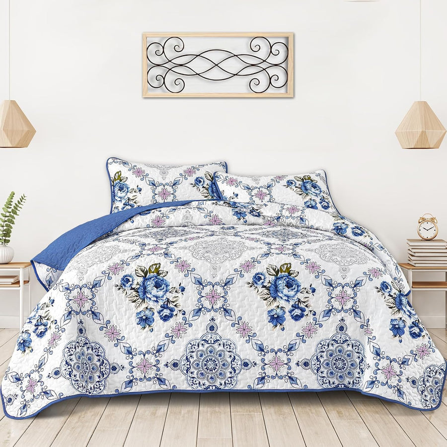 Rich white blue Elegant 3 Pc Bedspread & Pillow Cover Set