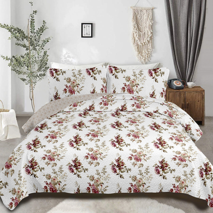 Crimson Dahlia Garden Plush 3 Pc Bedspread & Pillow Cover Set