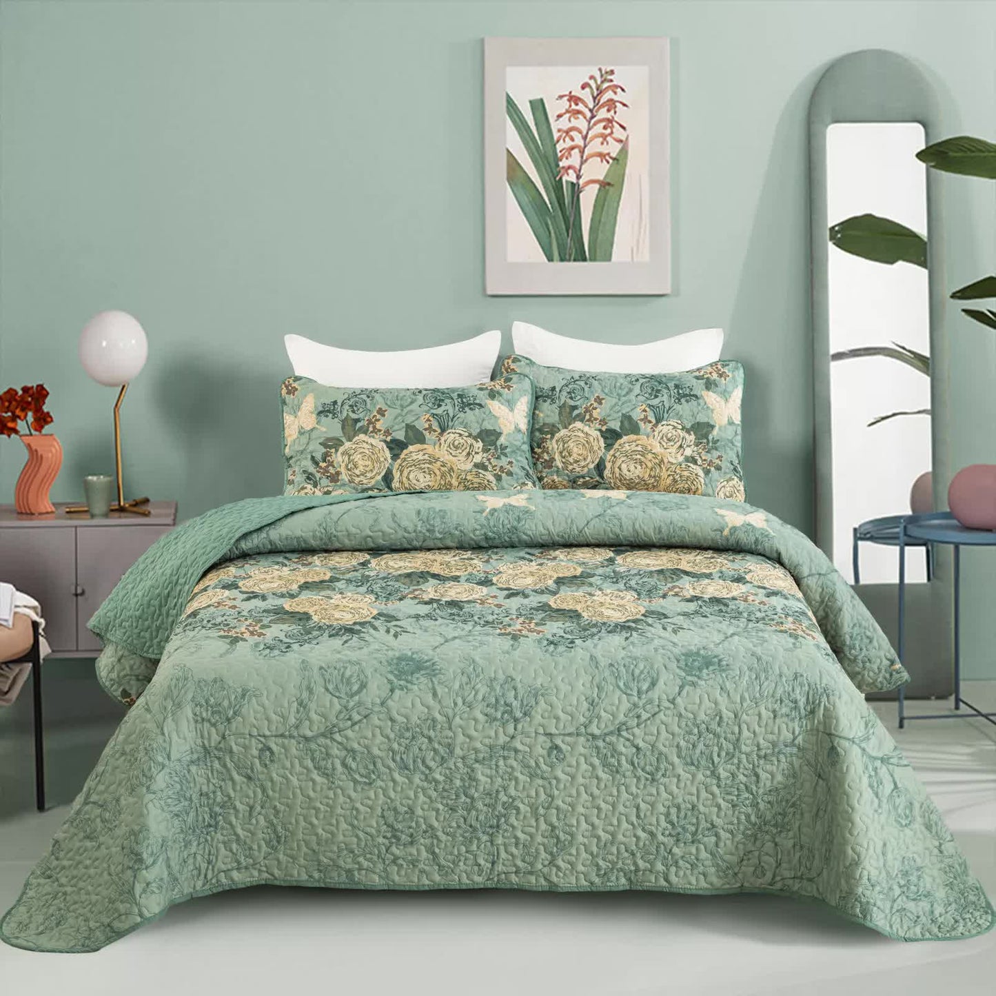 Meadow Butterfly Green Quilted Bedspread Set with Floral Details and Pillowcases