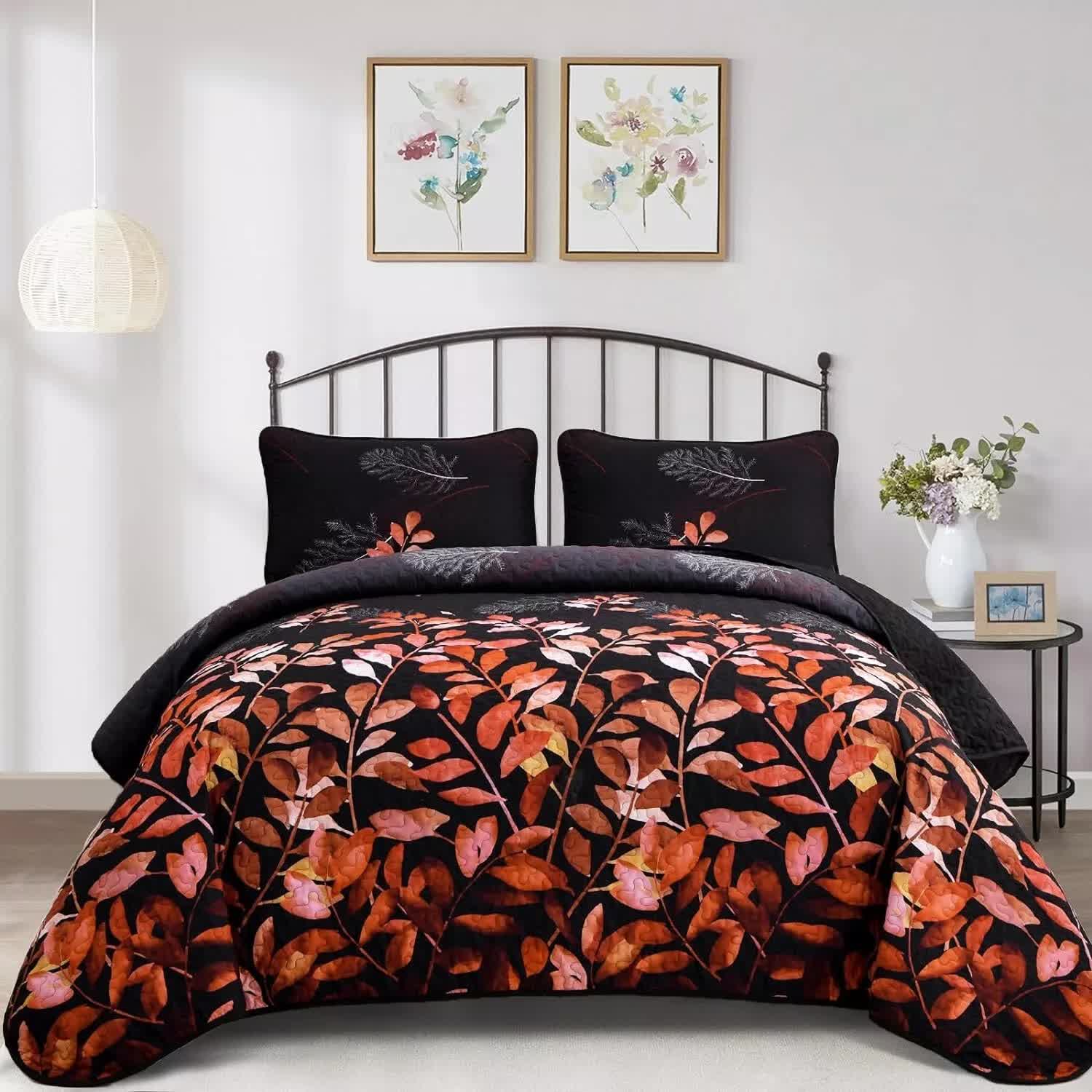 Black and Red  Leaves Quilted Bedspread & Pillowcase Set 