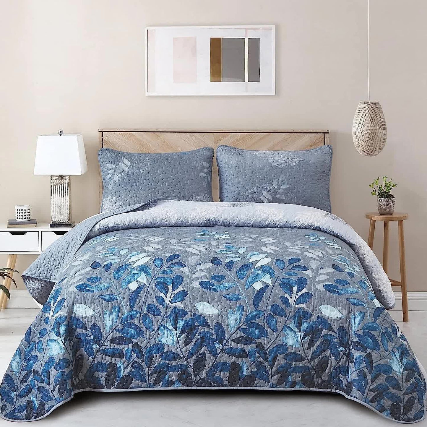 Blue Garden Coverlet Set with Quilted Floral Pattern and Pillowcases