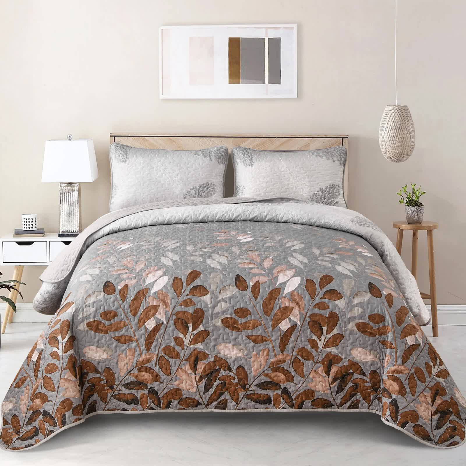 Brown Verdant Quilted Ensemble with Flower Motifs bedspread  and Pillowcases